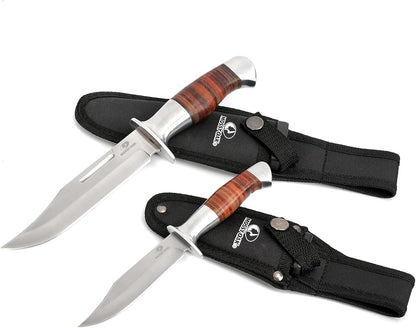 Fixed Blade Bowie Knife, 2-piece Hunting Knife with Leather Handle Featuring Laser Pattern, Sheath Included