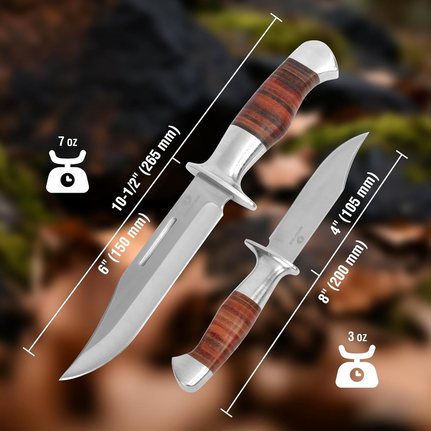 Fixed Blade Bowie Knife, 2-piece Hunting Knife with Leather Handle Featuring Laser Pattern, Sheath Included