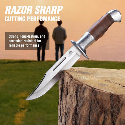 Fixed Blade Bowie Knife, 2-piece Hunting Knife with Leather Handle Featuring Laser Pattern, Sheath Included