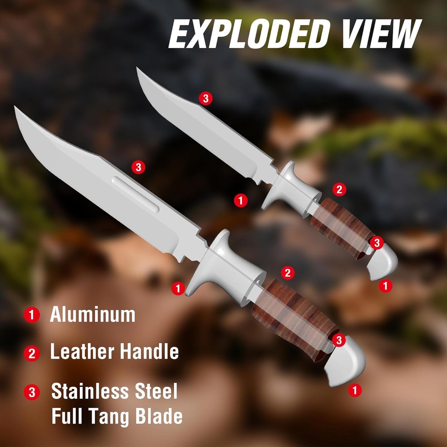 Fixed Blade Bowie Knife, 2-piece Hunting Knife with Leather Handle Featuring Laser Pattern, Sheath Included