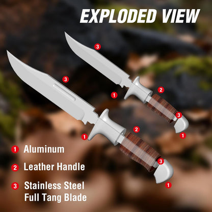 Fixed Blade Bowie Knife, 2-piece Hunting Knife with Leather Handle Featuring Laser Pattern, Sheath Included