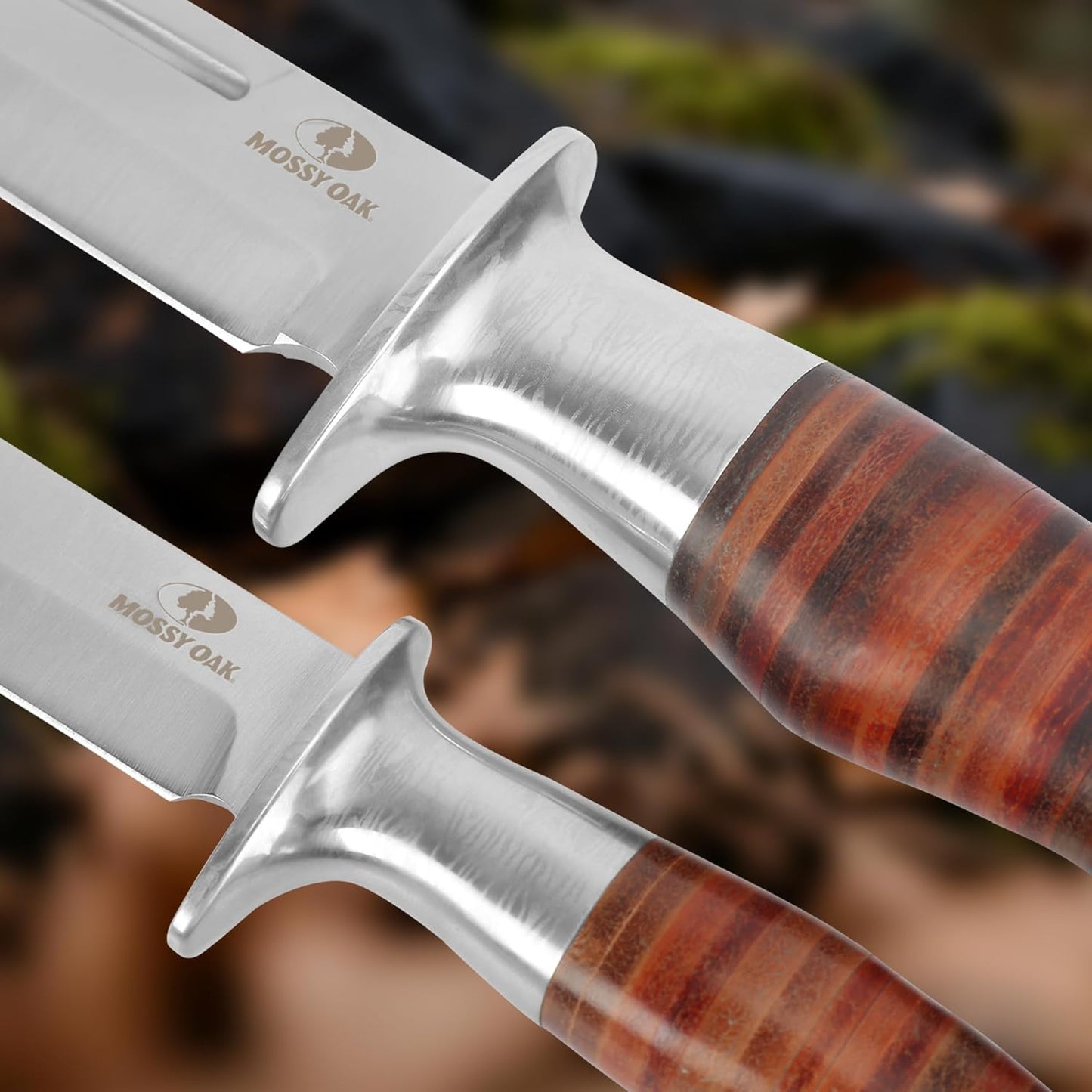Fixed Blade Bowie Knife, 2-piece Hunting Knife with Leather Handle Featuring Laser Pattern, Sheath Included