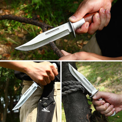 Fixed Blade Bowie Knife, 2-piece Hunting Knife with Leather Handle Featuring Laser Pattern, Sheath Included