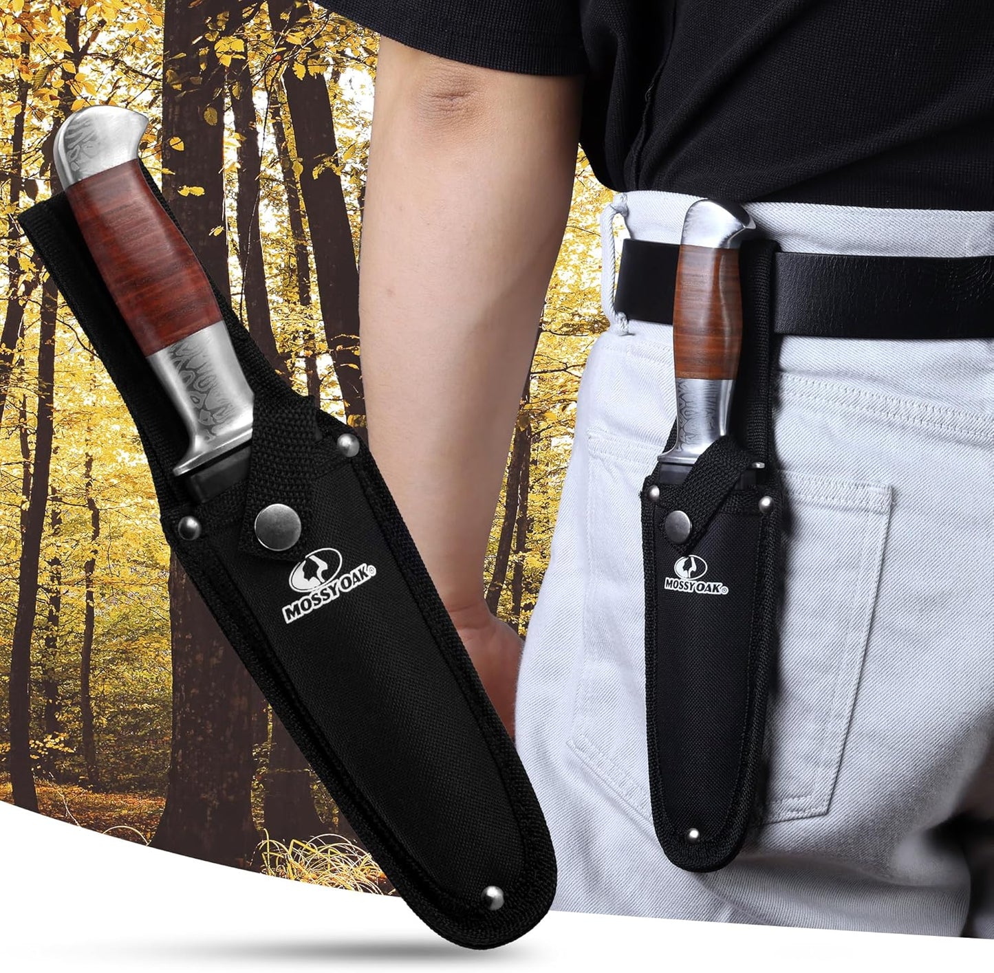 Fixed Blade Bowie Knife, 2-piece Hunting Knife with Leather Handle Featuring Laser Pattern, Sheath Included