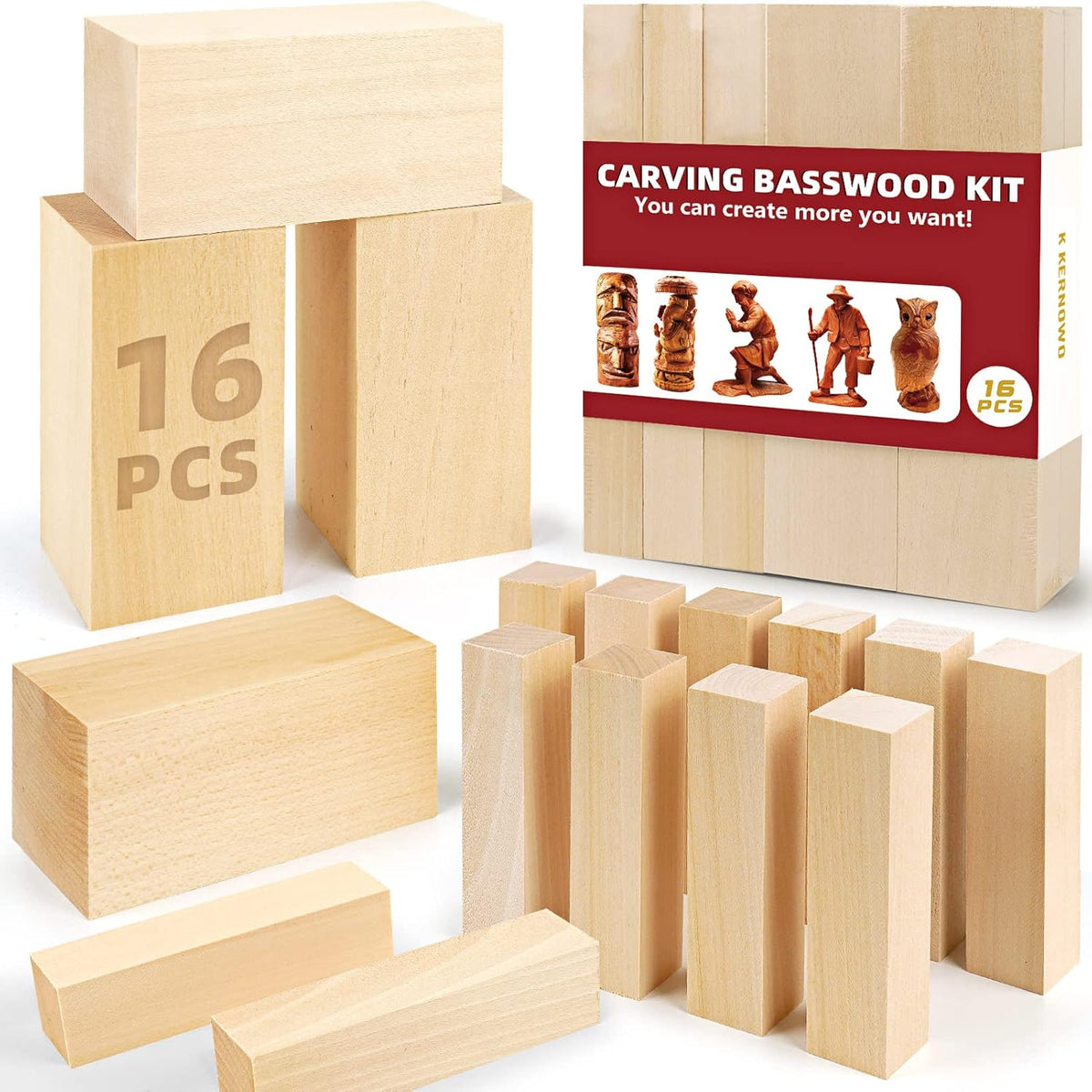 Basswood Carving Blocks, 19PCS Whittling Wood Blocks Kit with 3 Different Sizes, Bass Wood for Carving Easy to Use, for Kids and Adults