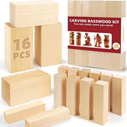 Basswood Carving Blocks, 19PCS Whittling Wood Blocks Kit with 3 Different Sizes, Bass Wood for Carving Easy to Use, for Kids and Adults