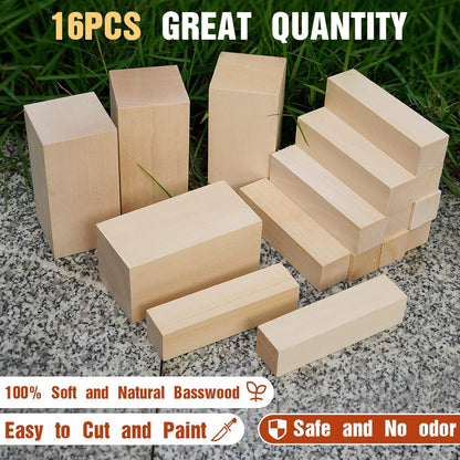 Basswood Carving Blocks, 19PCS Whittling Wood Blocks Kit with 3 Different Sizes, Bass Wood for Carving Easy to Use, for Kids and Adults
