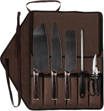 Damascus Butcher Knife Set for BBQ, Meat Carving & Grilling | Professional Chef Grade, Full Tang Blades with Wood Handle, for Smoking & Outdoor Cooking, Canvas Tool Roll, Gift for Men