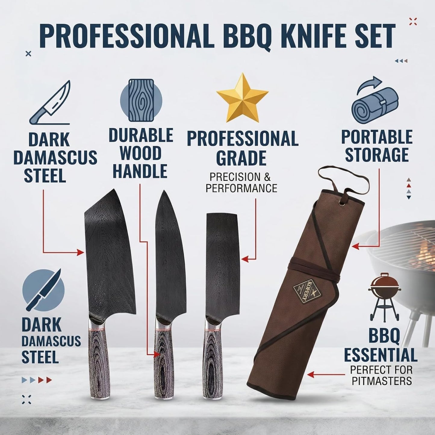 Damascus Butcher Knife Set for BBQ, Meat Carving & Grilling | Professional Chef Grade, Full Tang Blades with Wood Handle, for Smoking & Outdoor Cooking, Canvas Tool Roll, Gift for Men