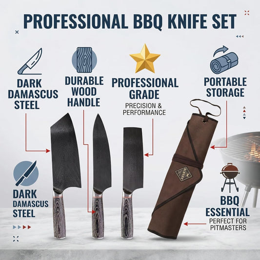 Damascus Butcher Knife Set for BBQ, Meat Carving & Grilling | Professional Chef Grade, Full Tang Blades with Wood Handle, for Smoking & Outdoor Cooking, Canvas Tool Roll, Gift for Men
