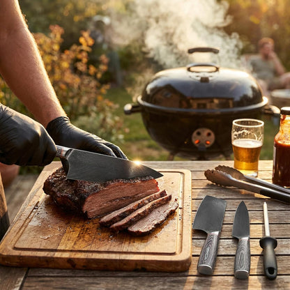 Damascus Butcher Knife Set for BBQ, Meat Carving & Grilling | Professional Chef Grade, Full Tang Blades with Wood Handle, for Smoking & Outdoor Cooking, Canvas Tool Roll, Gift for Men
