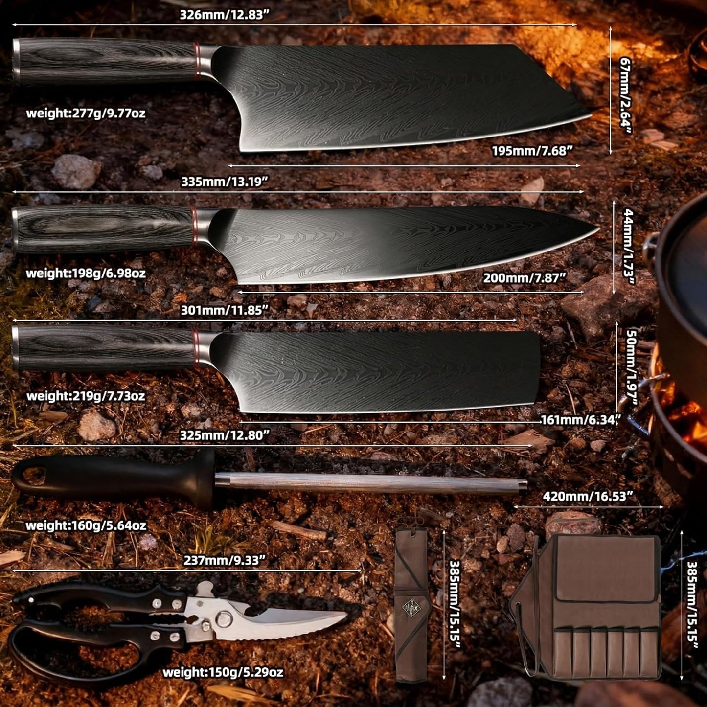 Damascus Butcher Knife Set for BBQ, Meat Carving & Grilling | Professional Chef Grade, Full Tang Blades with Wood Handle, for Smoking & Outdoor Cooking, Canvas Tool Roll, Gift for Men