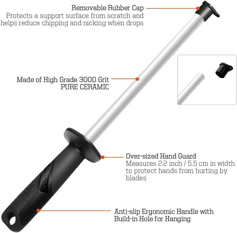 119N Diamond Sharpening Steel – Professional Solid Knife Sharpener Honing Rod with Built-in Angle Guides, Sharpens, Realigns, and Polishes Edges for Chef and Kitchen Knives
