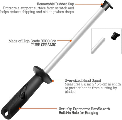 119N Diamond Sharpening Steel – Professional Solid Knife Sharpener Honing Rod with Built-in Angle Guides, Sharpens, Realigns, and Polishes Edges for Chef and Kitchen Knives