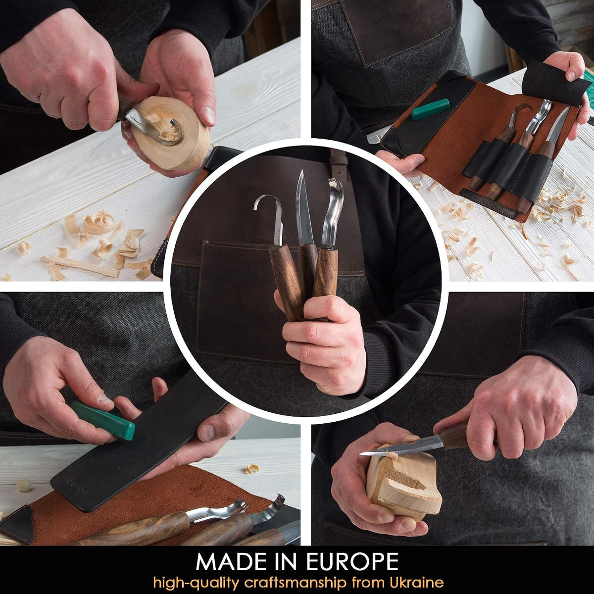 Wood Spoon Carving Tools Kit S14x Deluxe - Whittling Tools Set Includes Sloyd Wood Carving Knife, Hook Knife, Gouge, Leather Roll-Up Case & Leather strop with Polishing Compound