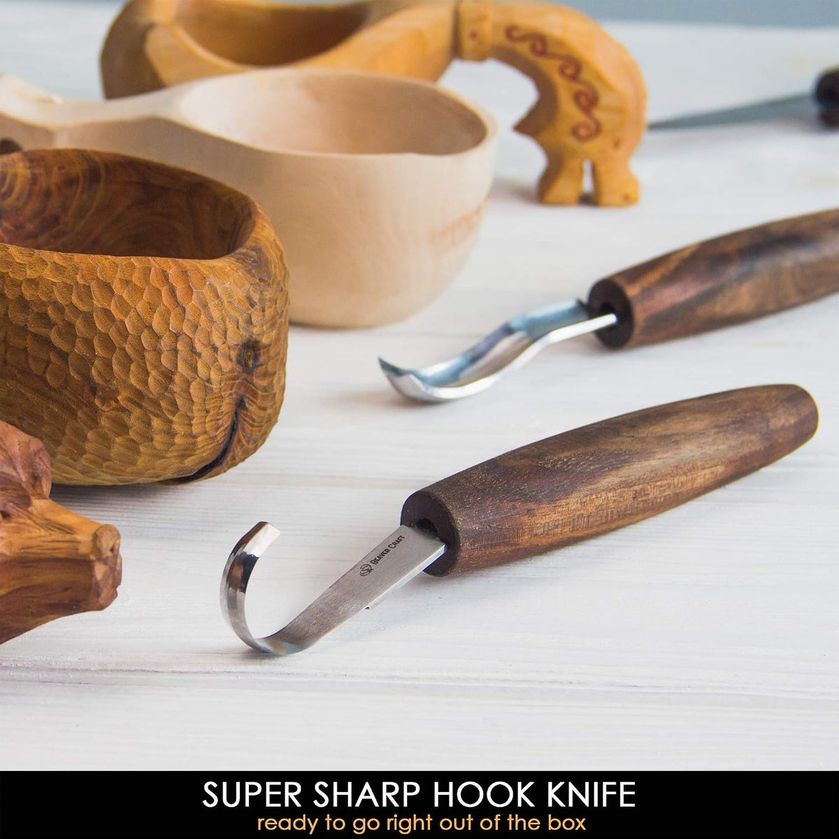 Wood Spoon Carving Tools Kit S14x Deluxe - Whittling Tools Set Includes Sloyd Wood Carving Knife, Hook Knife, Gouge, Leather Roll-Up Case & Leather strop with Polishing Compound
