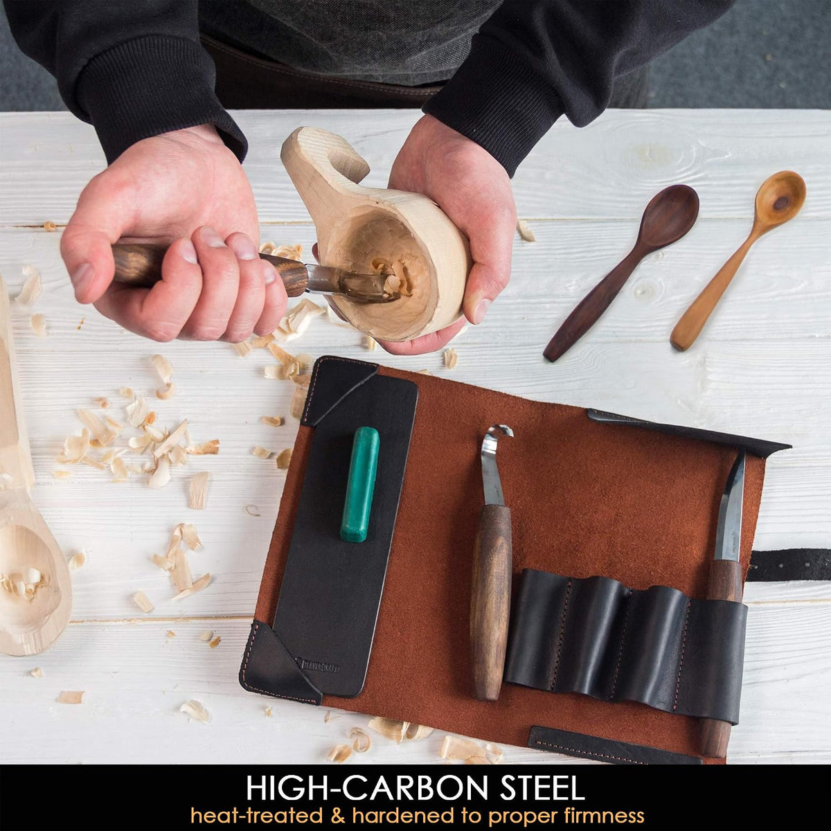 Wood Spoon Carving Tools Kit S14x Deluxe - Whittling Tools Set Includes Sloyd Wood Carving Knife, Hook Knife, Gouge, Leather Roll-Up Case & Leather strop with Polishing Compound