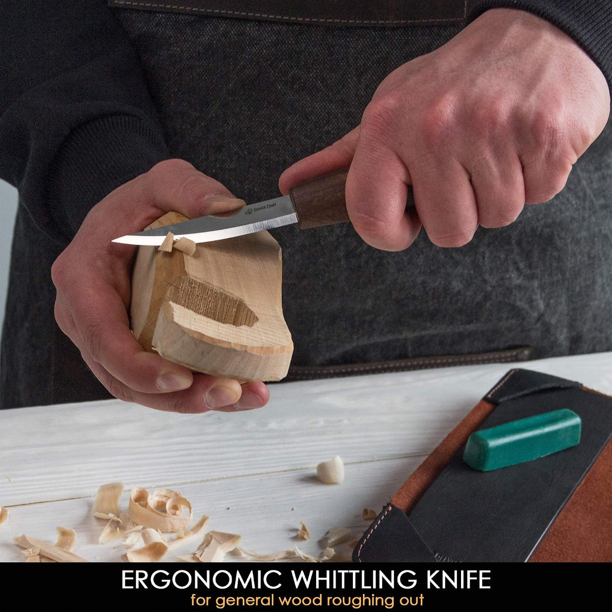 Wood Spoon Carving Tools Kit S14x Deluxe - Whittling Tools Set Includes Sloyd Wood Carving Knife, Hook Knife, Gouge, Leather Roll-Up Case & Leather strop with Polishing Compound