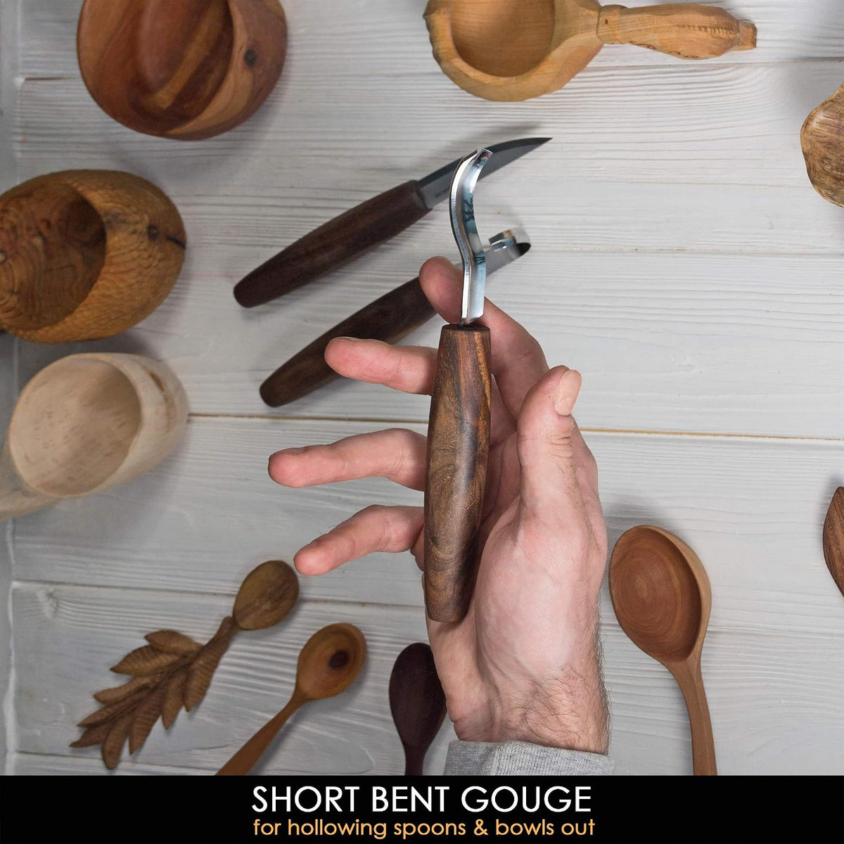 Wood Spoon Carving Tools Kit S14x Deluxe - Whittling Tools Set Includes Sloyd Wood Carving Knife, Hook Knife, Gouge, Leather Roll-Up Case & Leather strop with Polishing Compound
