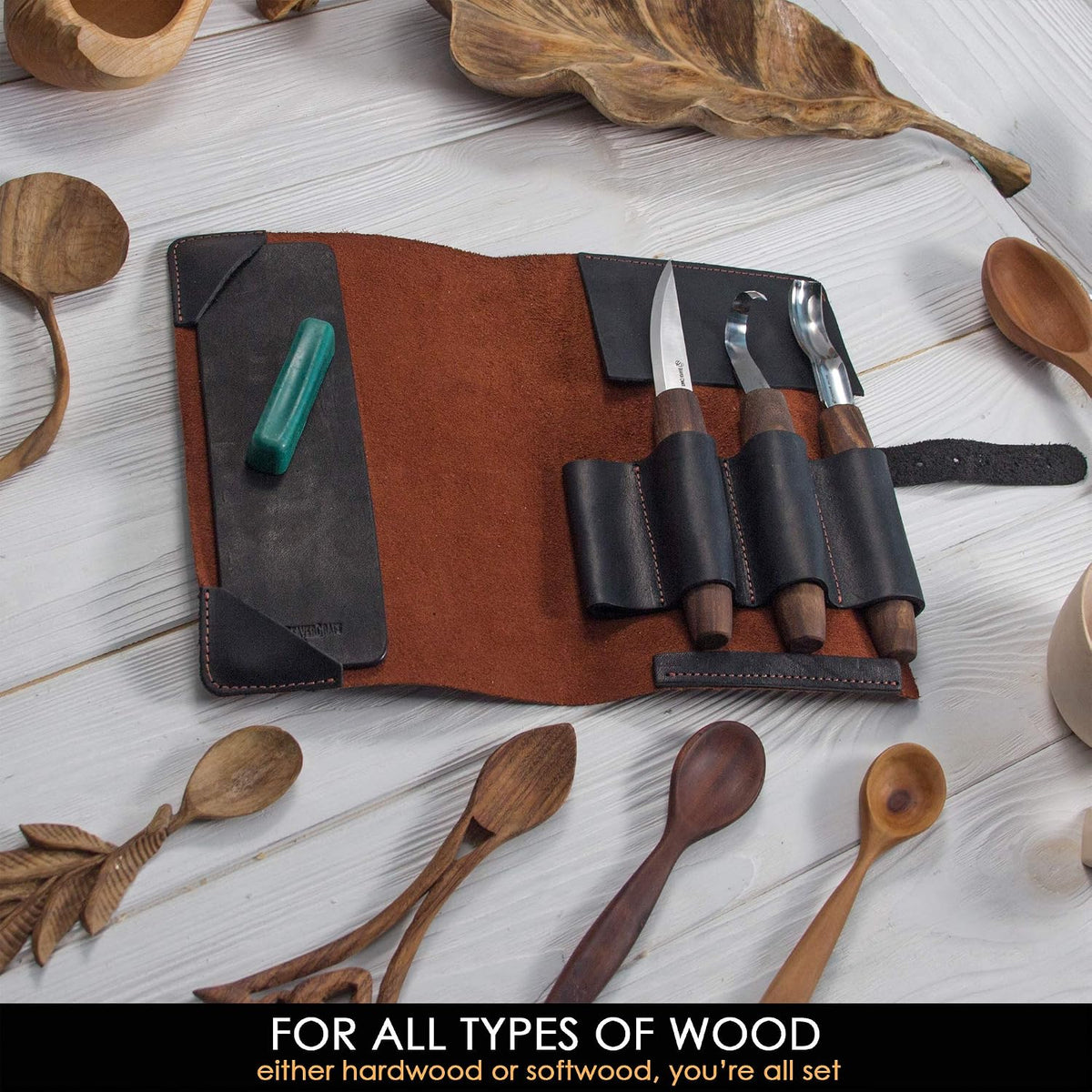 Wood Spoon Carving Tools Kit S14x Deluxe - Whittling Tools Set Includes Sloyd Wood Carving Knife, Hook Knife, Gouge, Leather Roll-Up Case & Leather strop with Polishing Compound