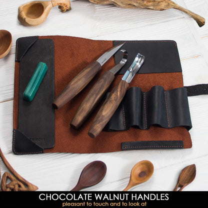 Wood Spoon Carving Tools Kit S14x Deluxe - Whittling Tools Set Includes Sloyd Wood Carving Knife, Hook Knife, Gouge, Leather Roll-Up Case & Leather strop with Polishing Compound