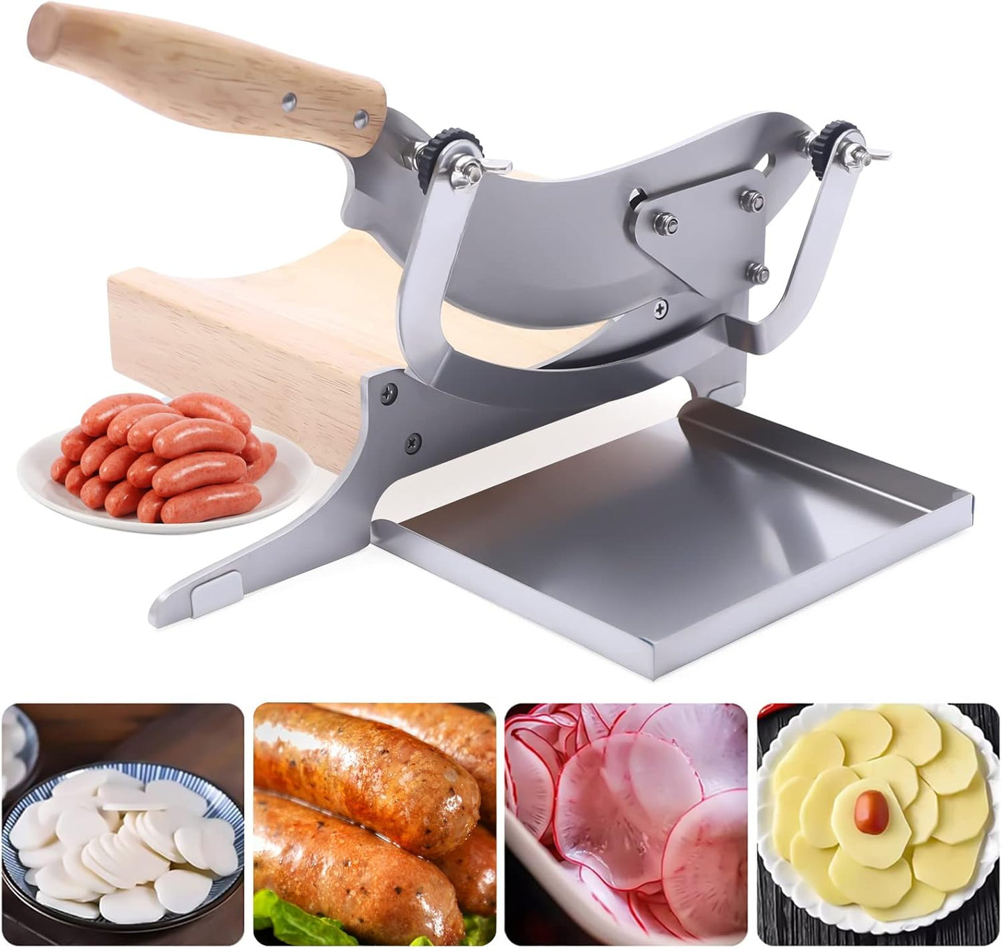Stainless Steel Manual Meat Beef Slicer, 0~0.5inch Thickness Adjustable Meat Cutter Machine with Concave Base, Manual Cutting Machine for Sausages, Vegetables, Pork, Beef, Ham