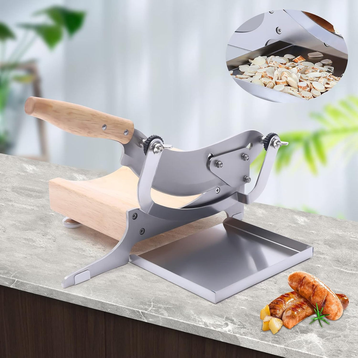 Stainless Steel Manual Meat Beef Slicer, 0~0.5inch Thickness Adjustable Meat Cutter Machine with Concave Base, Manual Cutting Machine for Sausages, Vegetables, Pork, Beef, Ham