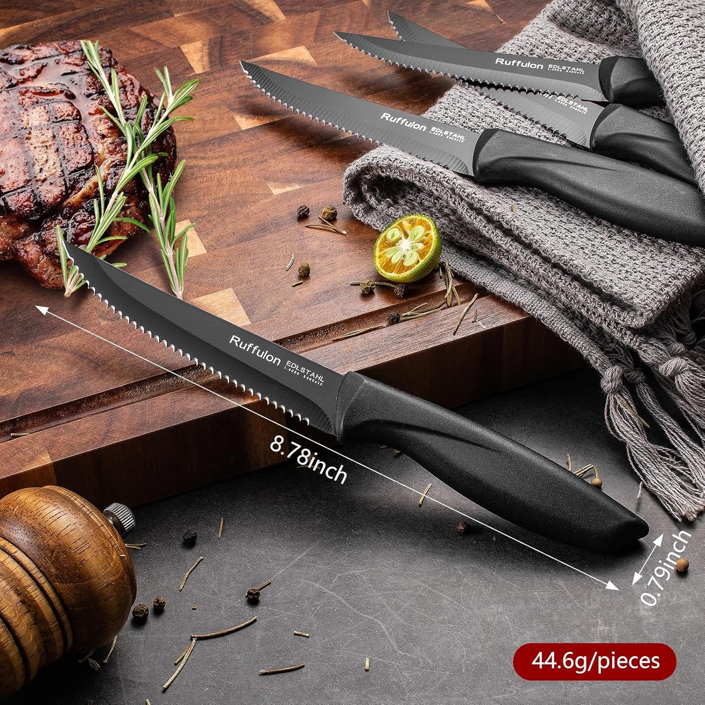 Steak Knife Set of 4,Serrated,4'' Stainless Steel,PP Handle,Black | Kitchen Steak Knives,Dinner Knife Set for Home/Restaurant,High-Carbon Blade,Sharp,Nonstick,Rust-Proof,Durable,Dishwasher Safe