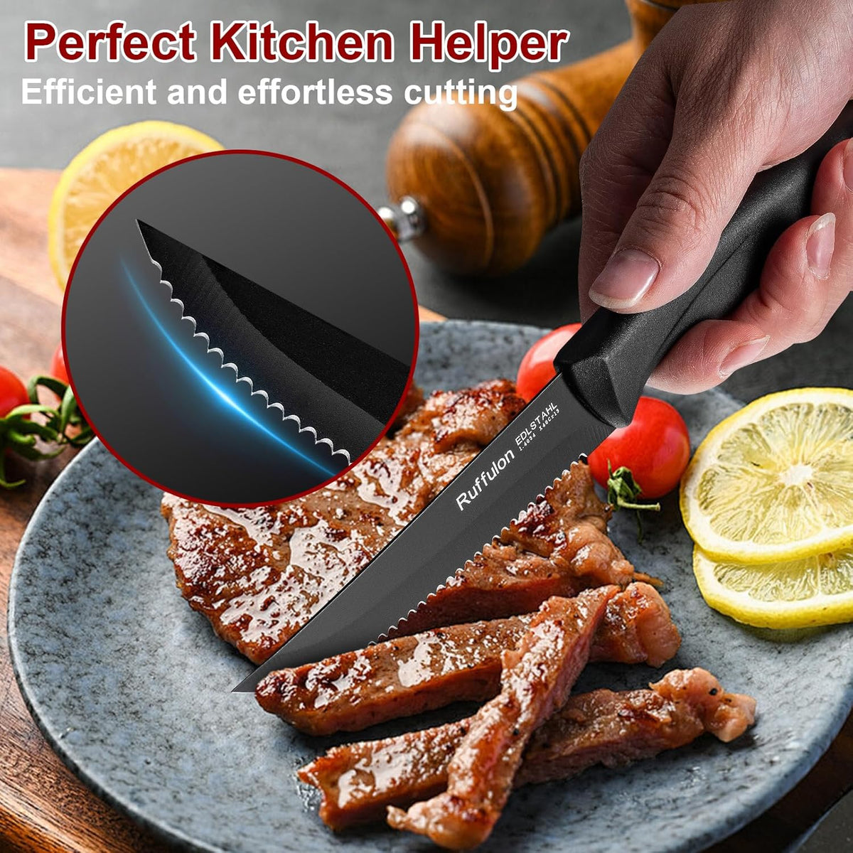 Steak Knife Set of 4,Serrated,4'' Stainless Steel,PP Handle,Black | Kitchen Steak Knives,Dinner Knife Set for Home/Restaurant,High-Carbon Blade,Sharp,Nonstick,Rust-Proof,Durable,Dishwasher Safe