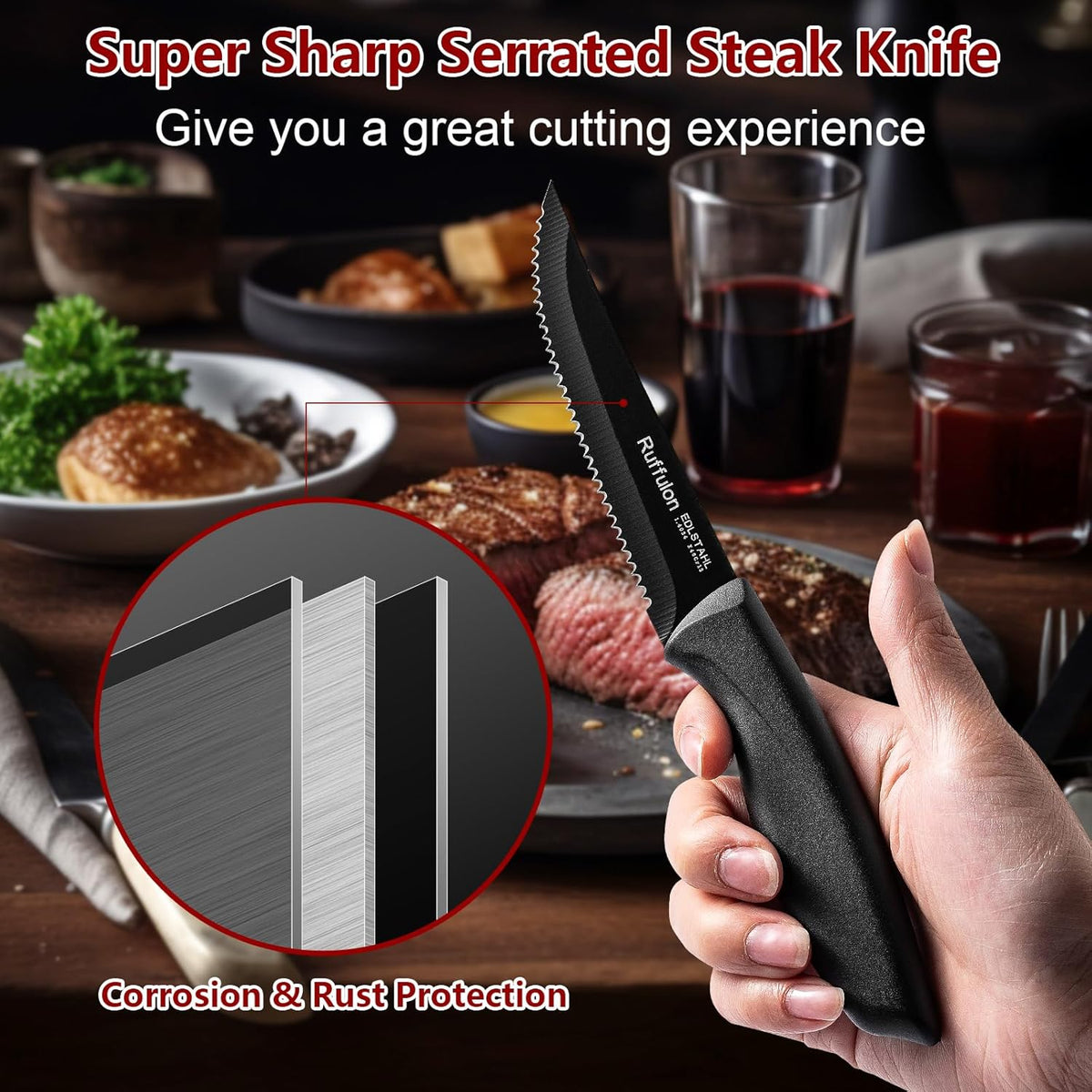 Steak Knife Set of 4,Serrated,4'' Stainless Steel,PP Handle,Black | Kitchen Steak Knives,Dinner Knife Set for Home/Restaurant,High-Carbon Blade,Sharp,Nonstick,Rust-Proof,Durable,Dishwasher Safe