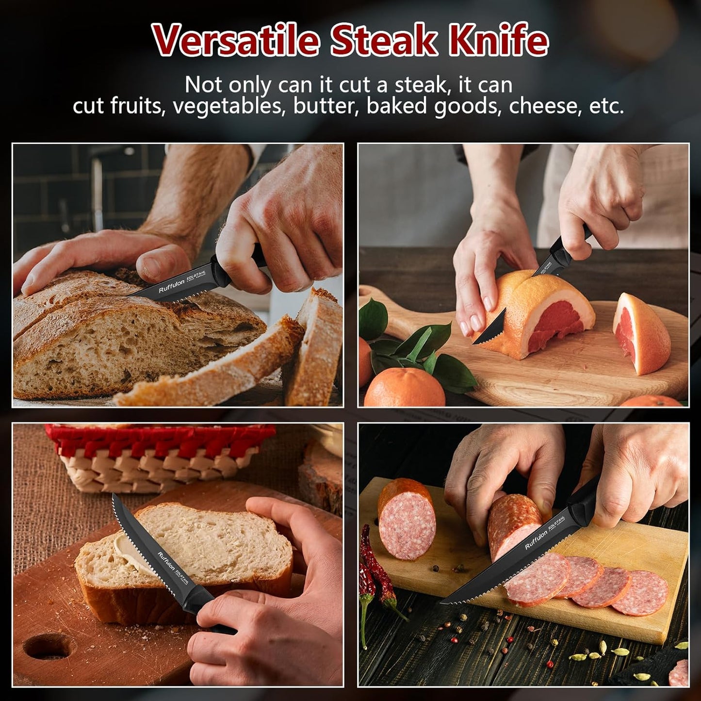 Steak Knife Set of 4,Serrated,4'' Stainless Steel,PP Handle,Black | Kitchen Steak Knives,Dinner Knife Set for Home/Restaurant,High-Carbon Blade,Sharp,Nonstick,Rust-Proof,Durable,Dishwasher Safe