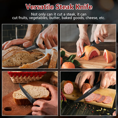 Steak Knife Set of 4,Serrated,4'' Stainless Steel,PP Handle,Black | Kitchen Steak Knives,Dinner Knife Set for Home/Restaurant,High-Carbon Blade,Sharp,Nonstick,Rust-Proof,Durable,Dishwasher Safe
