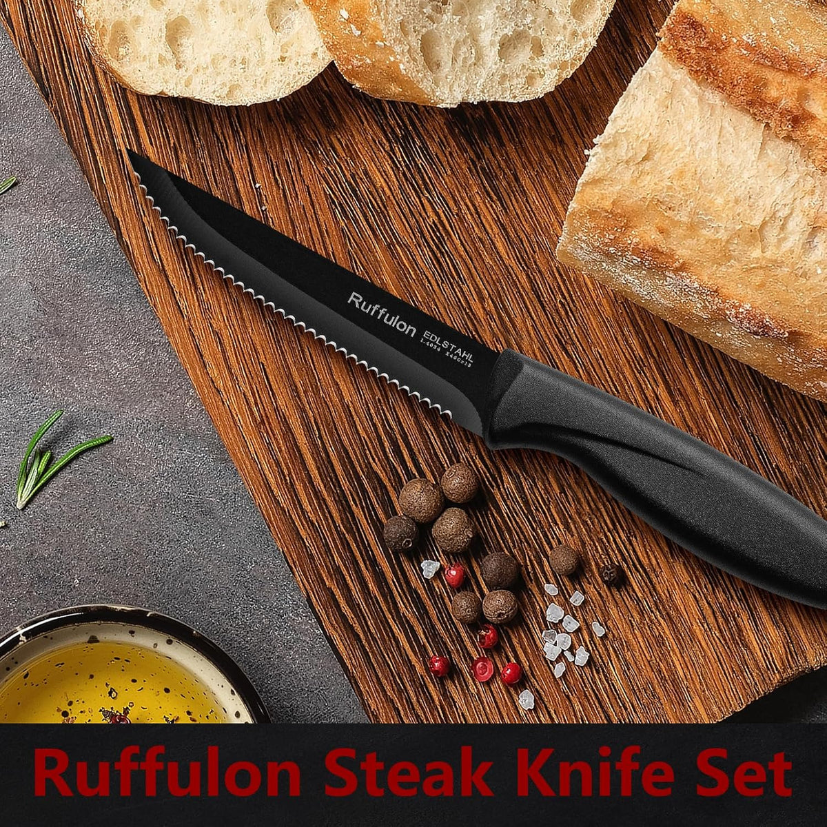 Steak Knife Set of 4,Serrated,4'' Stainless Steel,PP Handle,Black | Kitchen Steak Knives,Dinner Knife Set for Home/Restaurant,High-Carbon Blade,Sharp,Nonstick,Rust-Proof,Durable,Dishwasher Safe