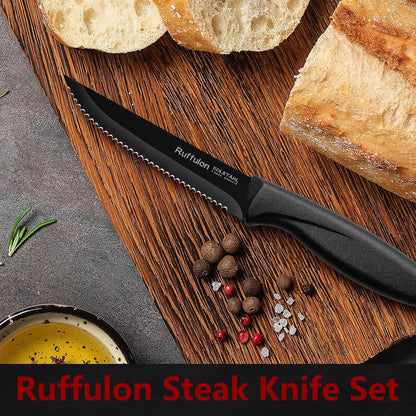 Steak Knife Set of 4,Serrated,4'' Stainless Steel,PP Handle,Black | Kitchen Steak Knives,Dinner Knife Set for Home/Restaurant,High-Carbon Blade,Sharp,Nonstick,Rust-Proof,Durable,Dishwasher Safe