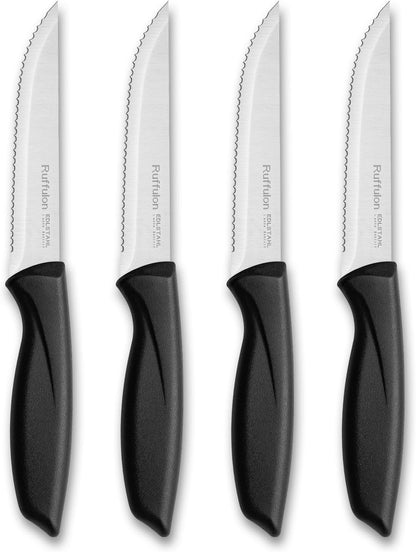 Steak Knife Set of 4,Serrated,4'' Stainless Steel,PP Handle,Black | Kitchen Steak Knives,Dinner Knife Set for Home/Restaurant,High-Carbon Blade,Sharp,Nonstick,Rust-Proof,Durable,Dishwasher Safe