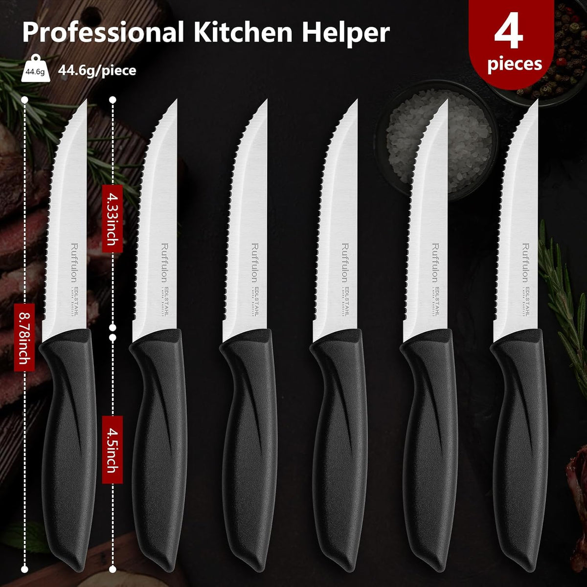 Steak Knife Set of 4,Serrated,4'' Stainless Steel,PP Handle,Black | Kitchen Steak Knives,Dinner Knife Set for Home/Restaurant,High-Carbon Blade,Sharp,Nonstick,Rust-Proof,Durable,Dishwasher Safe