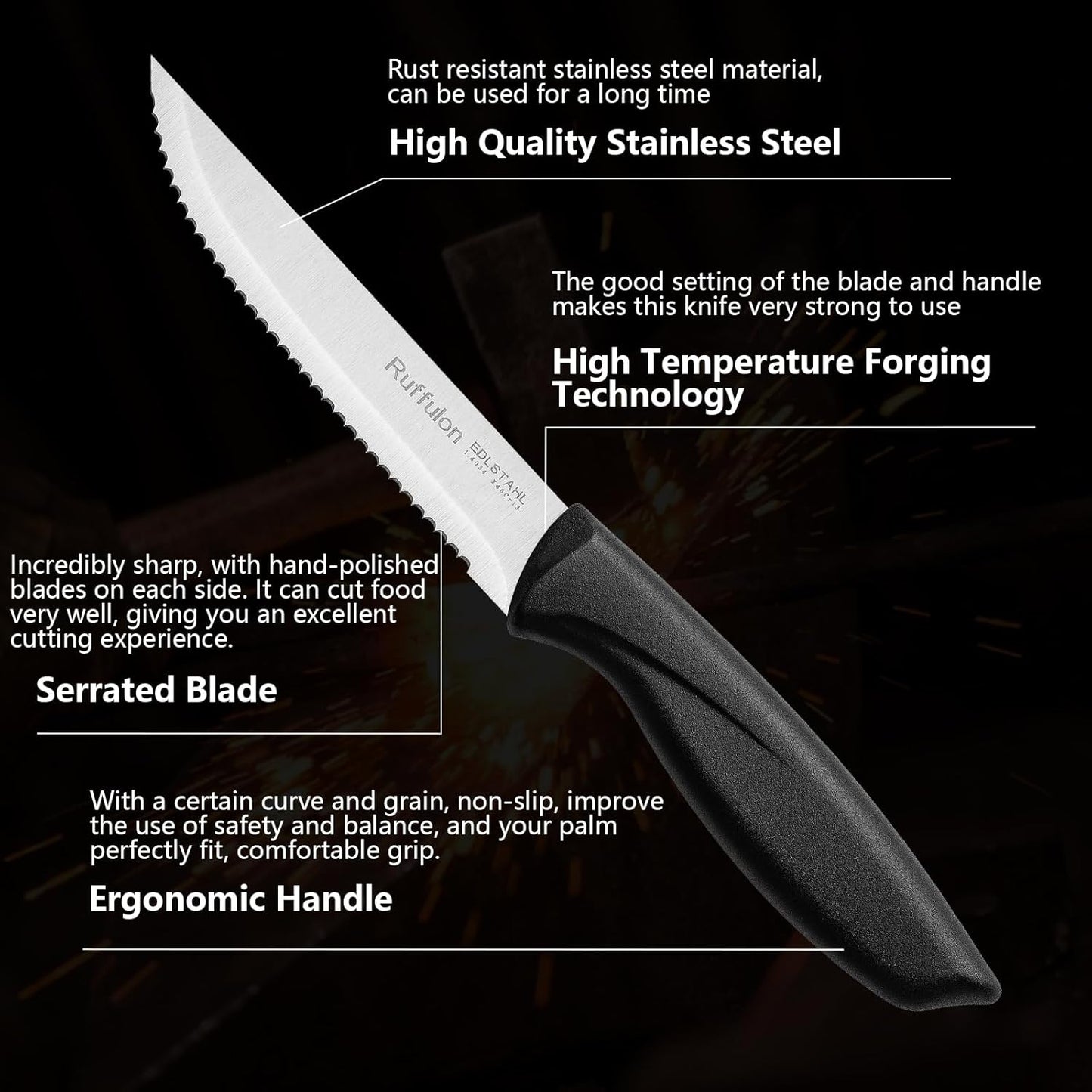 Steak Knife Set of 4,Serrated,4'' Stainless Steel,PP Handle,Black | Kitchen Steak Knives,Dinner Knife Set for Home/Restaurant,High-Carbon Blade,Sharp,Nonstick,Rust-Proof,Durable,Dishwasher Safe