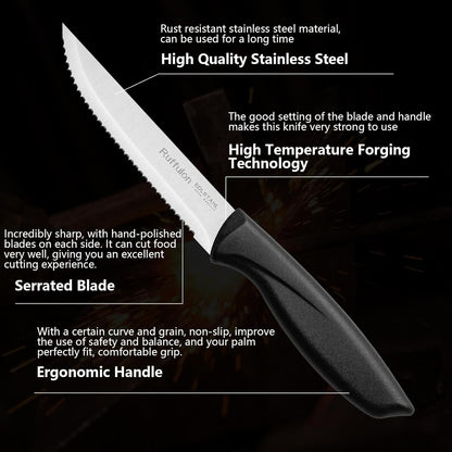 Steak Knife Set of 4,Serrated,4'' Stainless Steel,PP Handle,Black | Kitchen Steak Knives,Dinner Knife Set for Home/Restaurant,High-Carbon Blade,Sharp,Nonstick,Rust-Proof,Durable,Dishwasher Safe