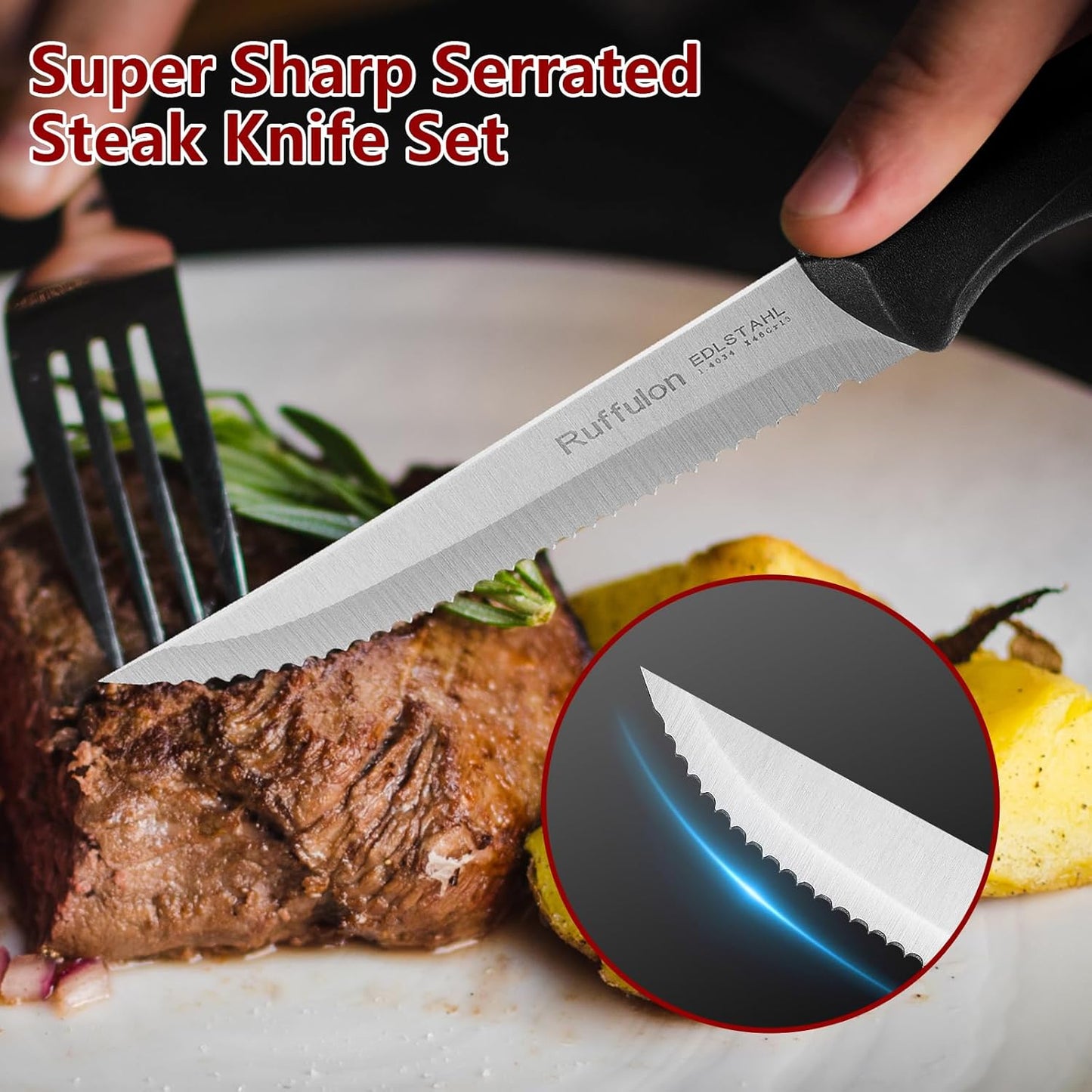 Steak Knife Set of 4,Serrated,4'' Stainless Steel,PP Handle,Black | Kitchen Steak Knives,Dinner Knife Set for Home/Restaurant,High-Carbon Blade,Sharp,Nonstick,Rust-Proof,Durable,Dishwasher Safe