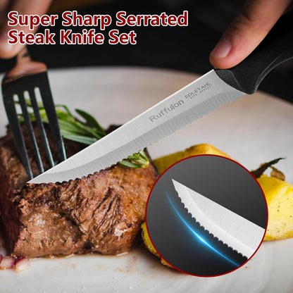 Steak Knife Set of 4,Serrated,4'' Stainless Steel,PP Handle,Black | Kitchen Steak Knives,Dinner Knife Set for Home/Restaurant,High-Carbon Blade,Sharp,Nonstick,Rust-Proof,Durable,Dishwasher Safe