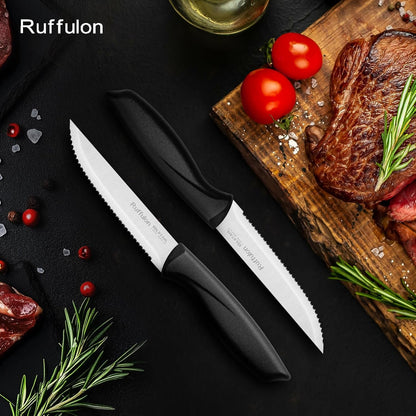 Steak Knife Set of 4,Serrated,4'' Stainless Steel,PP Handle,Black | Kitchen Steak Knives,Dinner Knife Set for Home/Restaurant,High-Carbon Blade,Sharp,Nonstick,Rust-Proof,Durable,Dishwasher Safe