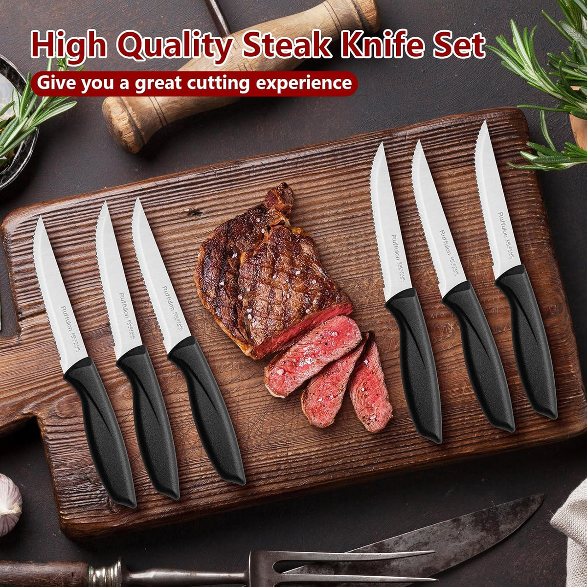 Steak Knife Set of 4,Serrated,4'' Stainless Steel,PP Handle,Black | Kitchen Steak Knives,Dinner Knife Set for Home/Restaurant,High-Carbon Blade,Sharp,Nonstick,Rust-Proof,Durable,Dishwasher Safe