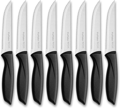 Steak Knife Set of 4,Serrated,4'' Stainless Steel,PP Handle,Black | Kitchen Steak Knives,Dinner Knife Set for Home/Restaurant,High-Carbon Blade,Sharp,Nonstick,Rust-Proof,Durable,Dishwasher Safe
