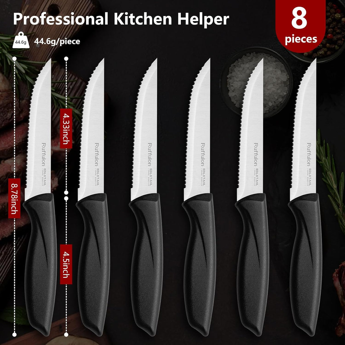 Steak Knife Set of 4,Serrated,4'' Stainless Steel,PP Handle,Black | Kitchen Steak Knives,Dinner Knife Set for Home/Restaurant,High-Carbon Blade,Sharp,Nonstick,Rust-Proof,Durable,Dishwasher Safe