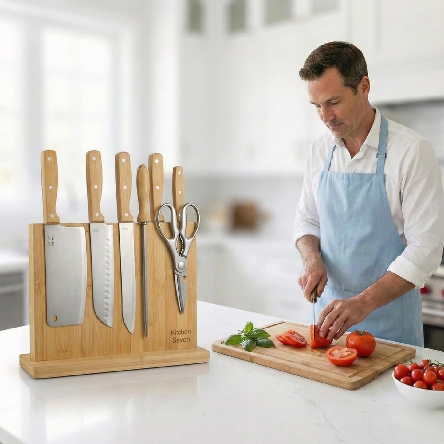 Magnetic Knife Block with 18 COREVA™ Magnetic Plates – Double Sided Bamboo Knife Holder, Engineered Full-Surface Magnetic System for All Knives & Scissors, Countertop Storage Organizer