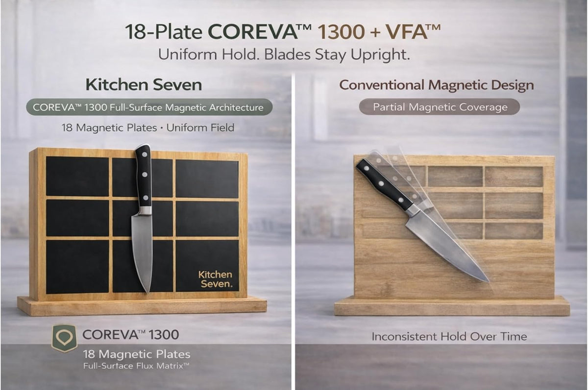 Magnetic Knife Block with 18 COREVA™ Magnetic Plates – Double Sided Bamboo Knife Holder, Engineered Full-Surface Magnetic System for All Knives & Scissors, Countertop Storage Organizer