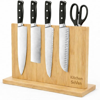 Magnetic Knife Block with 18 COREVA™ Magnetic Plates – Double Sided Bamboo Knife Holder, Engineered Full-Surface Magnetic System for All Knives & Scissors, Countertop Storage Organizer