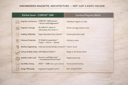 Magnetic Knife Block with 18 COREVA™ Magnetic Plates – Double Sided Bamboo Knife Holder, Engineered Full-Surface Magnetic System for All Knives & Scissors, Countertop Storage Organizer
