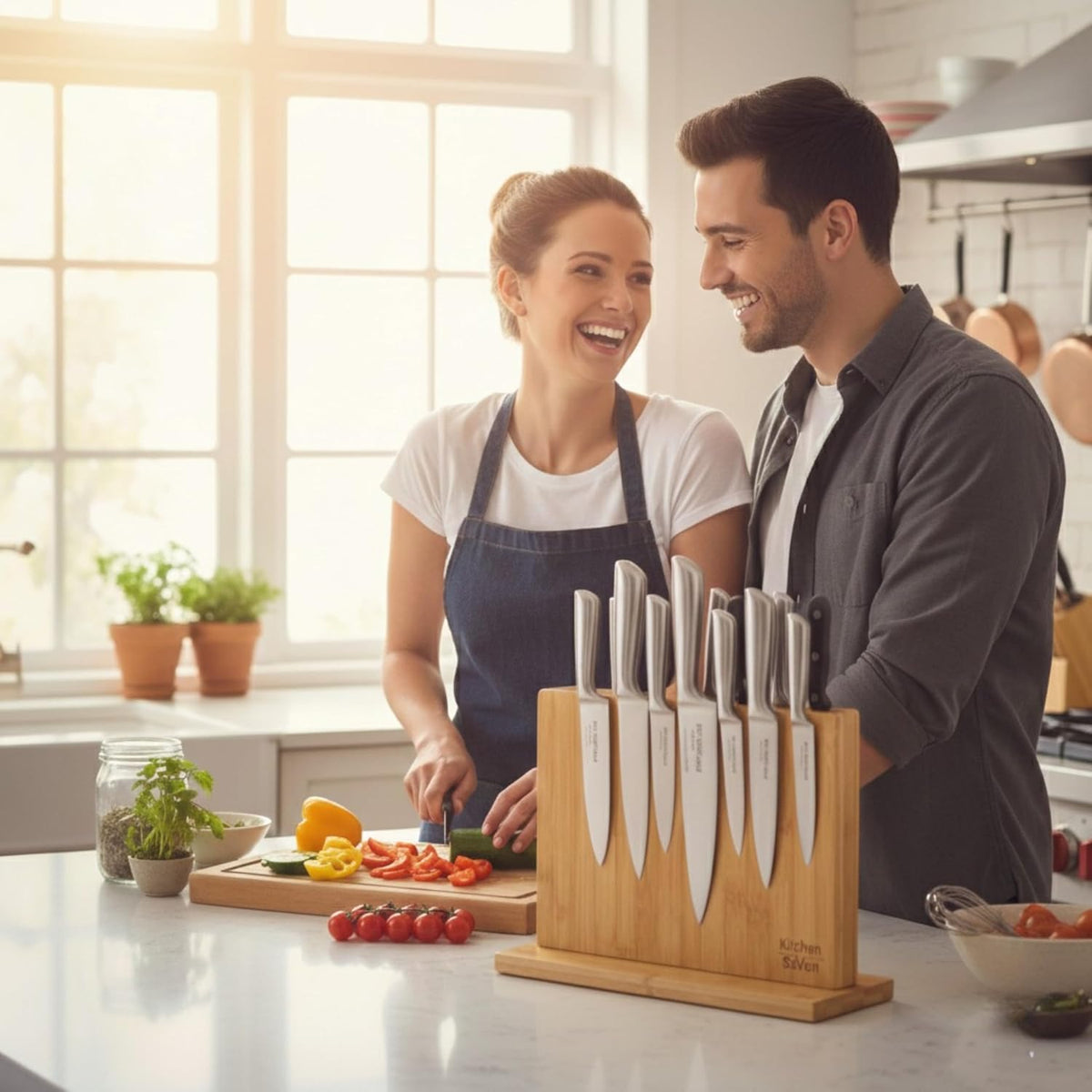 Magnetic Knife Block with 18 COREVA™ Magnetic Plates – Double Sided Bamboo Knife Holder, Engineered Full-Surface Magnetic System for All Knives & Scissors, Countertop Storage Organizer
