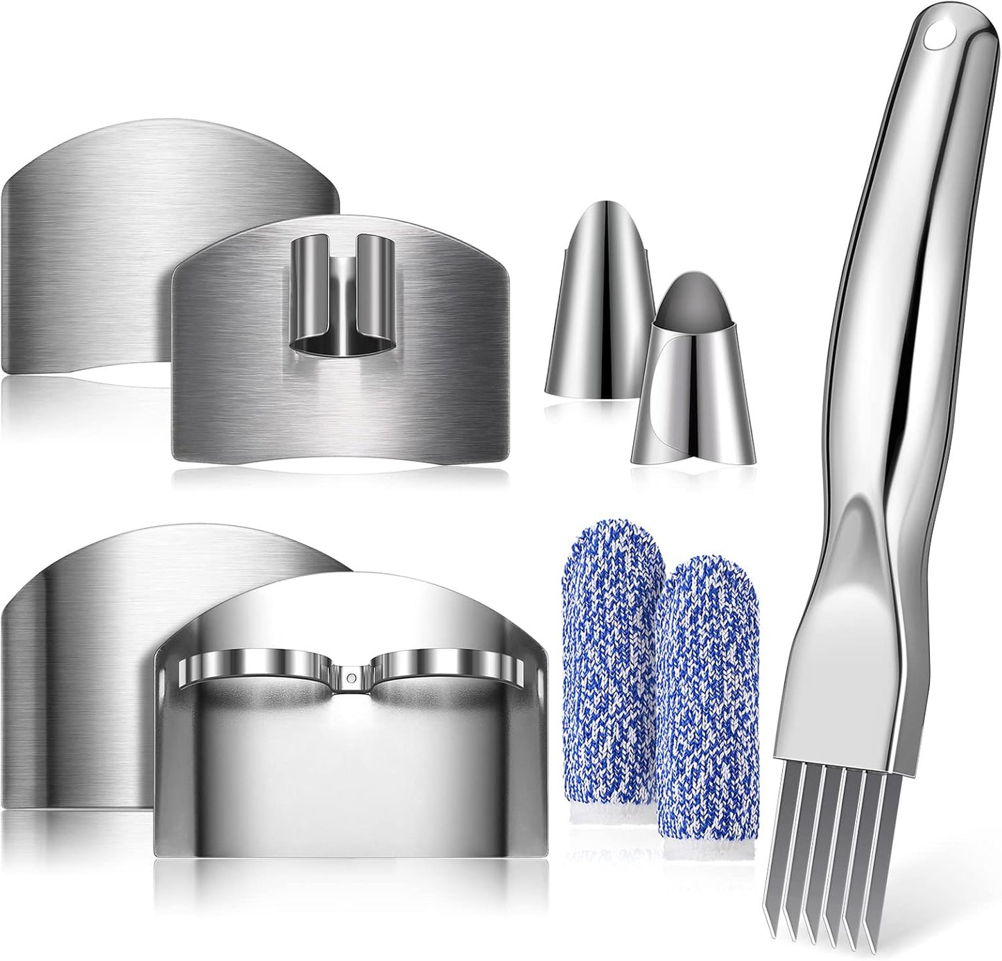 9 Pcs Finger Guard Set for Cutting Includes 4 Stainless Steel Cutting Protector 2 Adjustable Safe Thumb Guard 2 Finger Cot Scallion Cutter Shred Silk Knife to Avoid Hurting When Slicing and Chopping